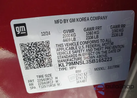 2025 Chevrolet Trailblazer Awd Ls из США, поврежденный, VIN KL79MNSL3SB165223